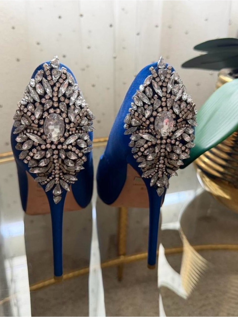 Badgley Mischka Royal Blue Satin Crystal Embellished Peep-Toe Heels – Size 8M